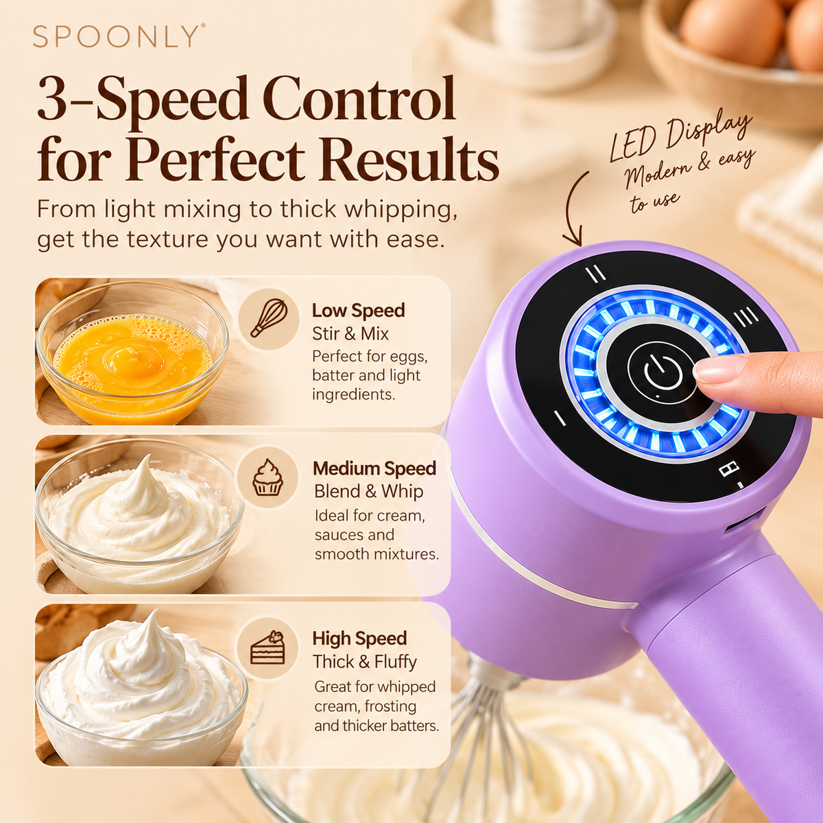 Cordless LED Electric Hand Mixer – 3-Speed Rechargeable Whisk