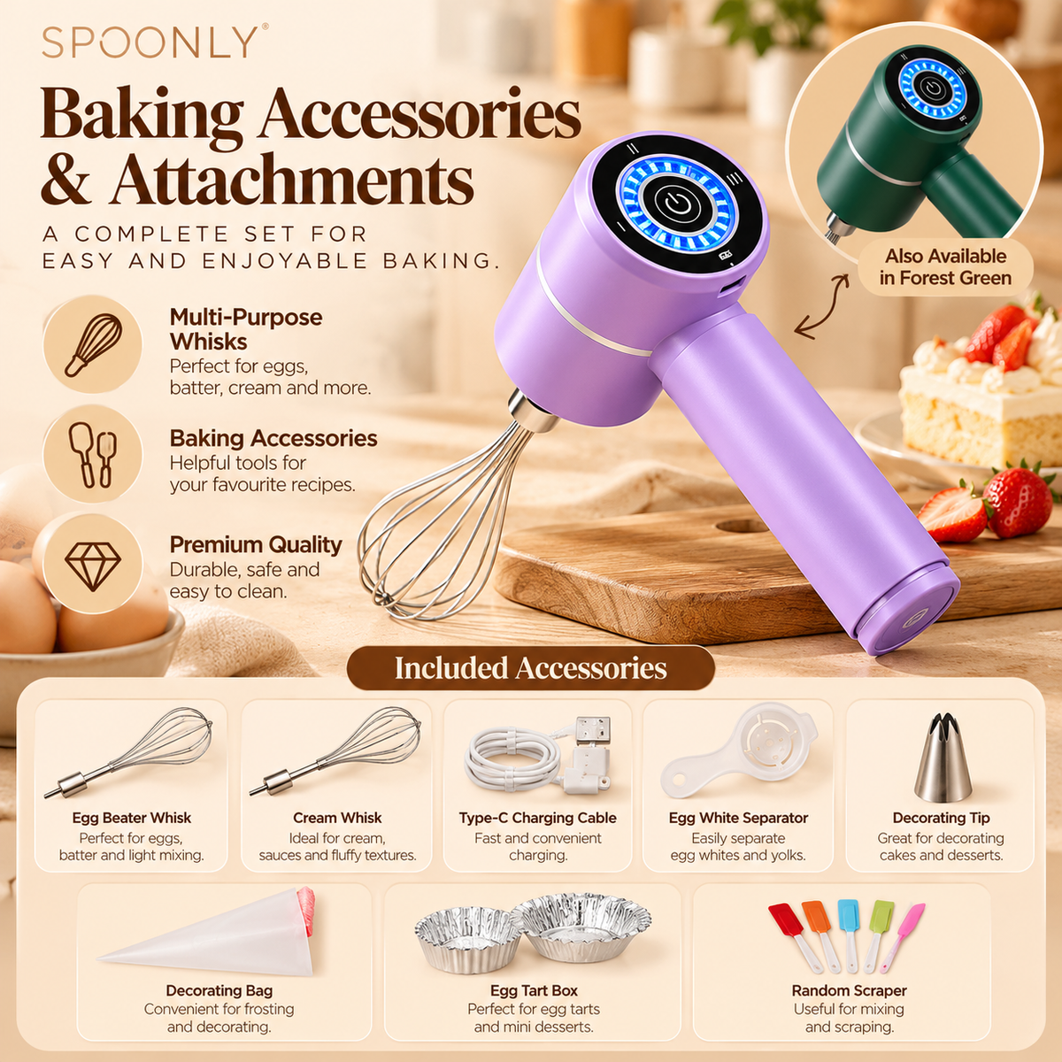 Cordless LED Electric Hand Mixer – 3-Speed Rechargeable Whisk