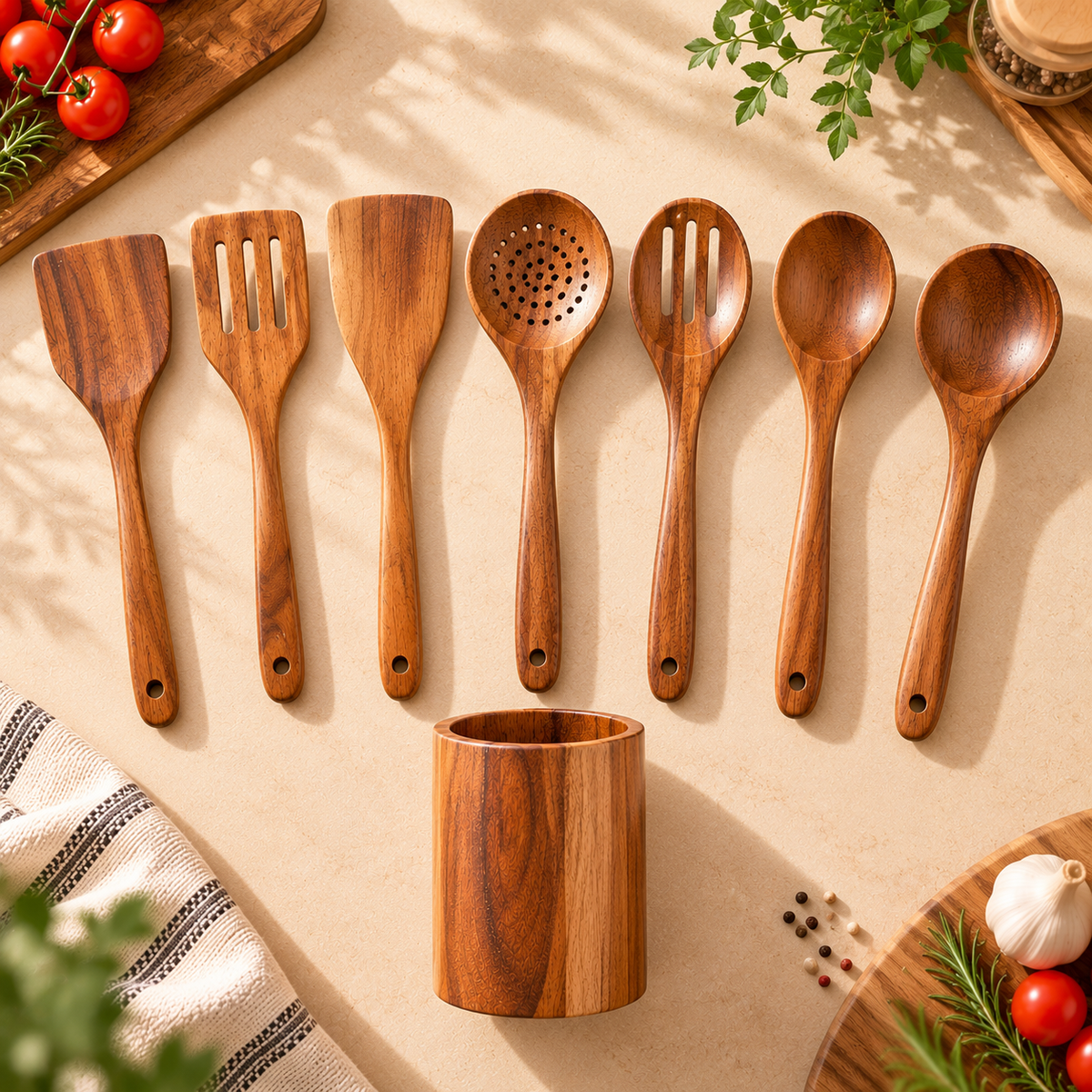 Signature Teak Wood Utensil Collection – 8 Pieces