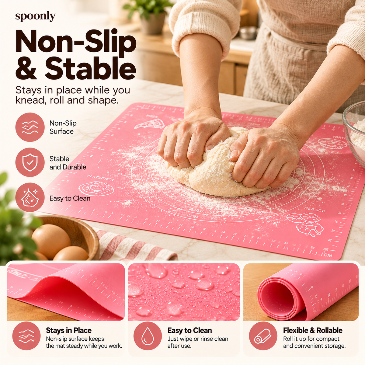 Silicone Kneading Mat With Rolling Pin Set