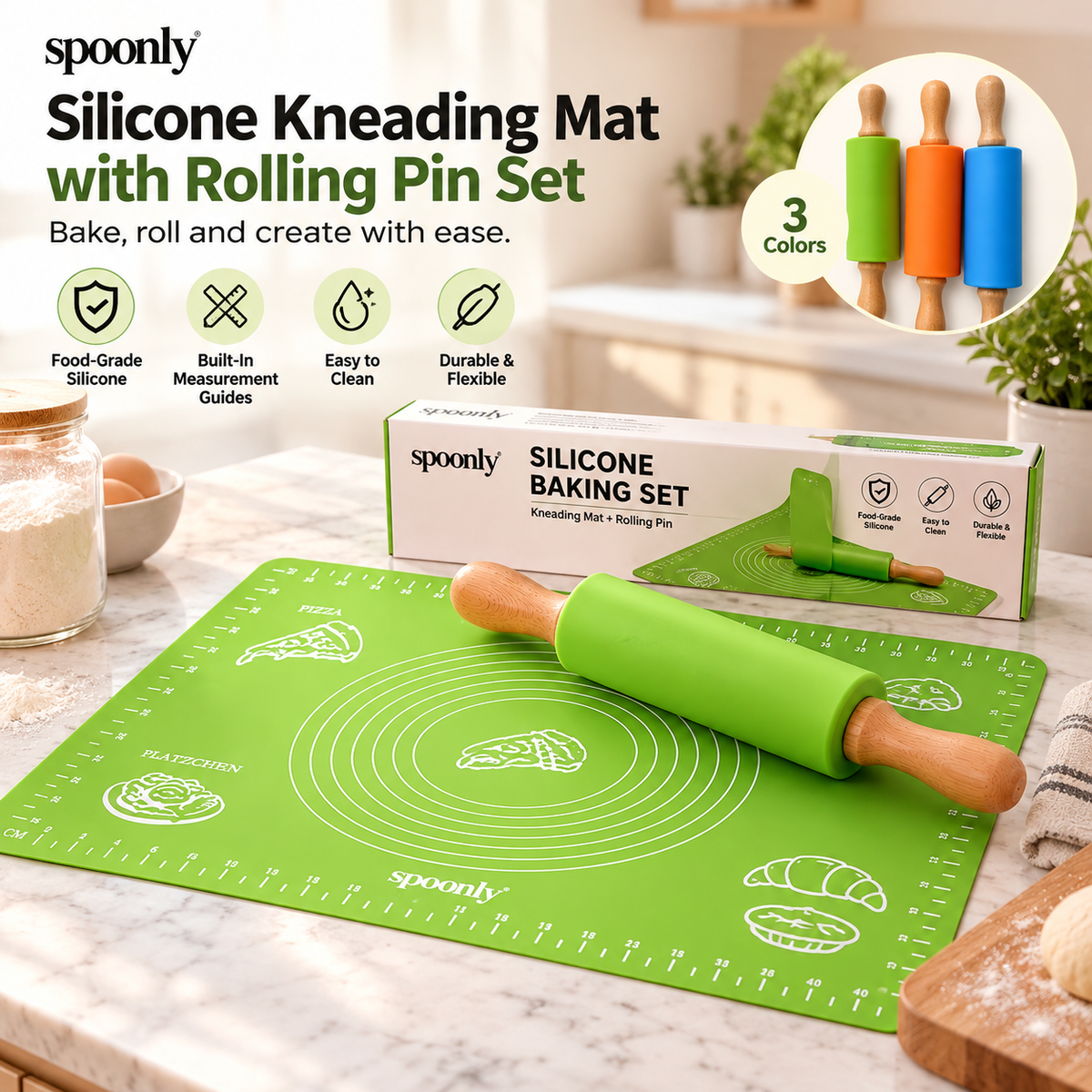 Silicone Kneading Mat With Rolling Pin Set